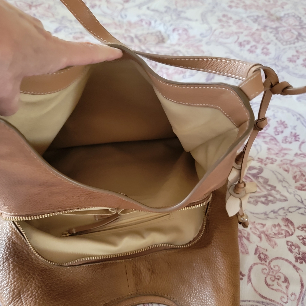 Lucky Brand Tan Pebbled Leather Shoulder Hobo with Tassel Charm - Picture 2 of 4